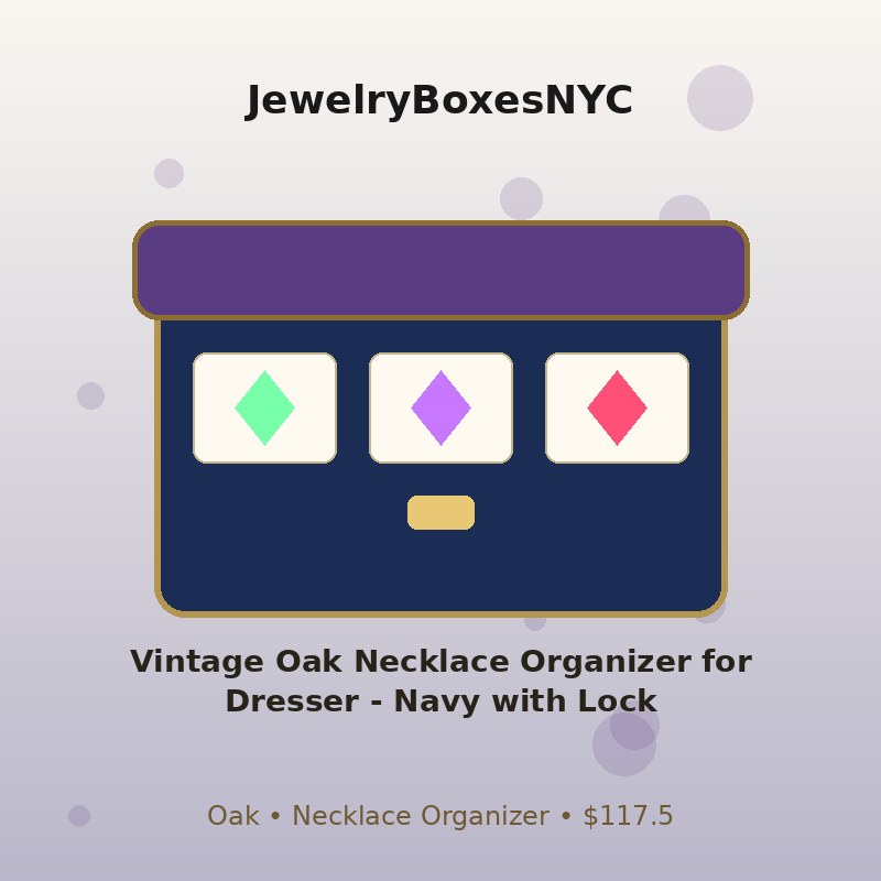Vintage Oak Necklace Organizer for Dresser - Navy with Lock